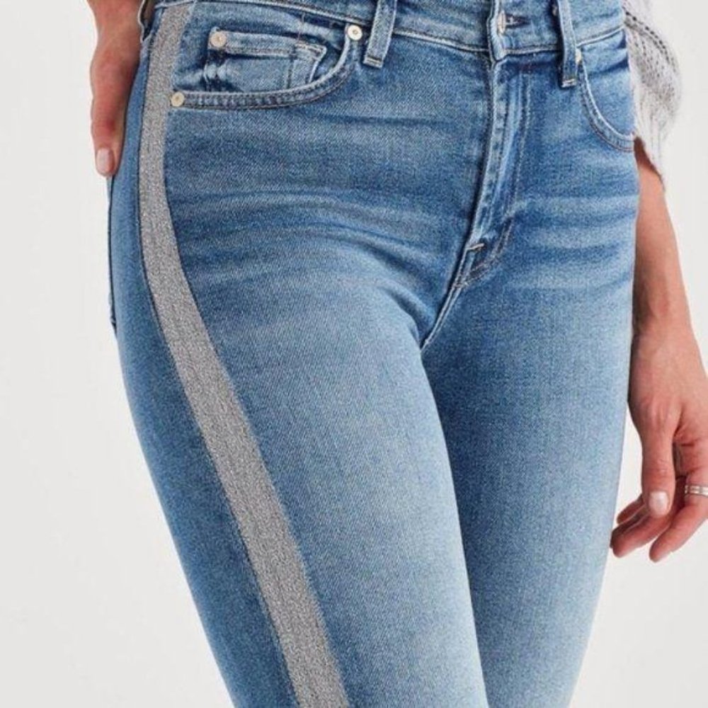 7 FAM Shimmer Stripe High Waist Ankle Luxe Muse Jeans Skinny Slim - Picture 1 of 10